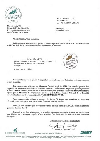 Concours Général Agricole de Paris 1994 Médaille d'Or EARL Roussille
