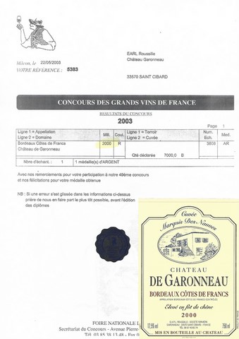 Concours des Grands Vins de France 2003 EARL Roussille