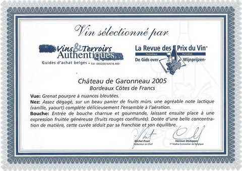 Vins et Terroirs Authentiques Chateau de Garonneau 2005