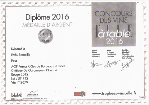 médailles argent 2016 EARL Roussille concours des vins Elle à table